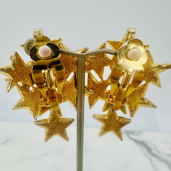 Vintage 80s Star Cluster Earrings Clip On Crystal Disco Glam Articulated Dangle - Picture 6 of 9
